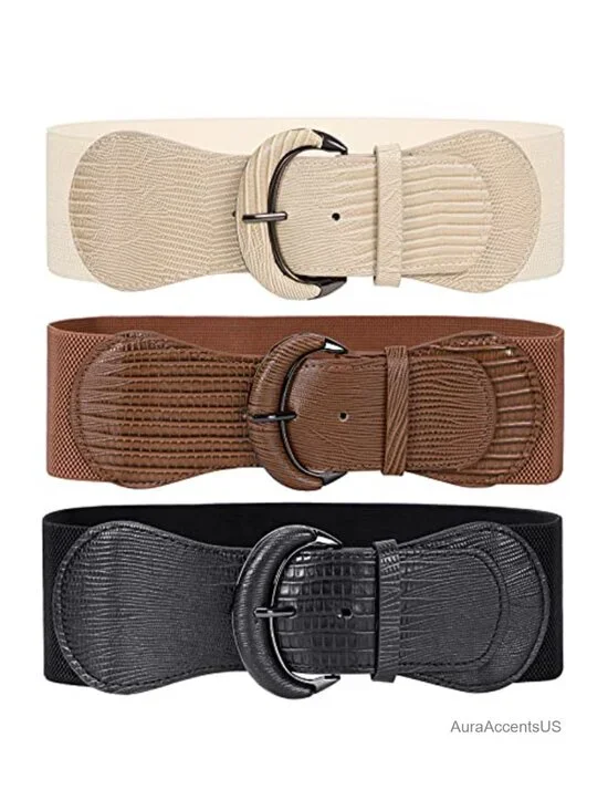 3 Pack Women Stretchy Wide Waist Belt Faux Leather Vintage Elastic