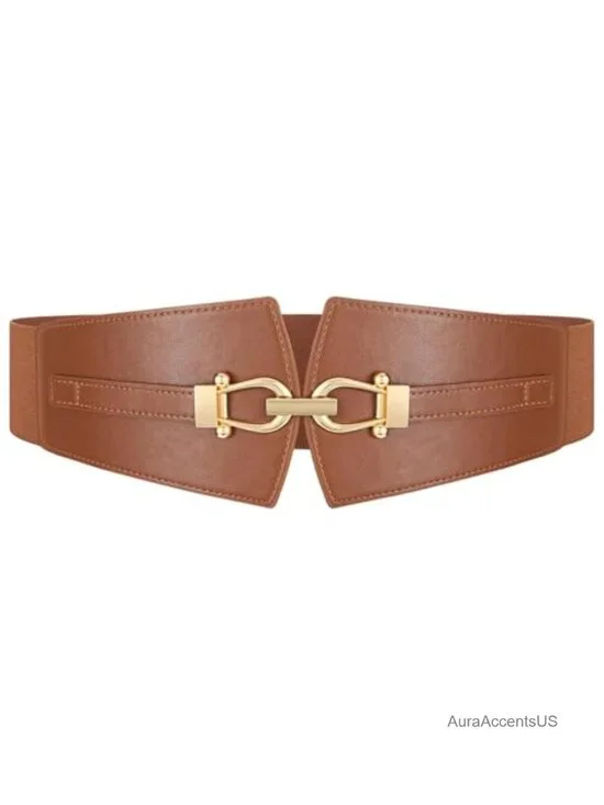 Wide Stretch Elastic Belt Gold Buckle for Dresses Coats