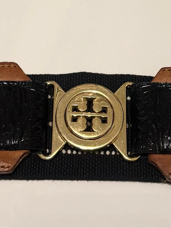 Tory Burch Black Strap with Gold Logo Buckle Belt