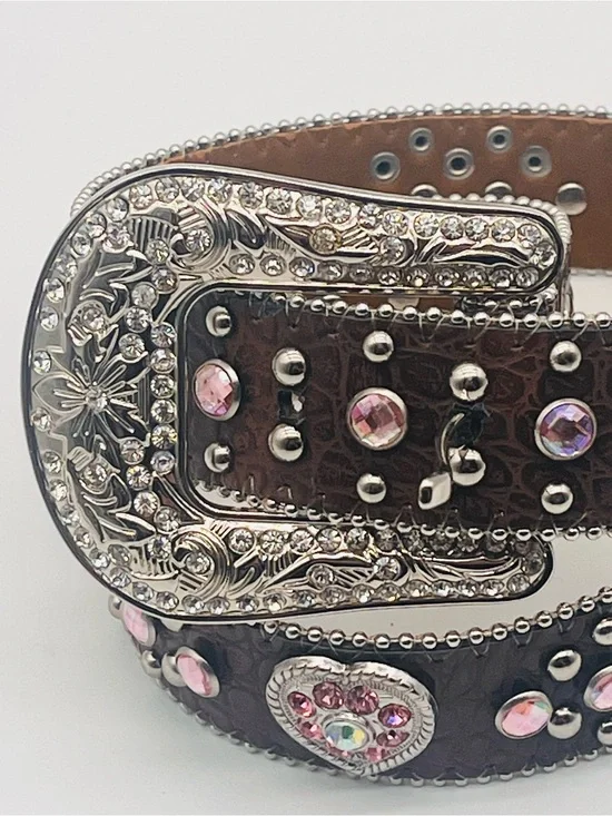 Embellished Heart Stud Western Belt - Brown Pink Crystals Removable Buckle