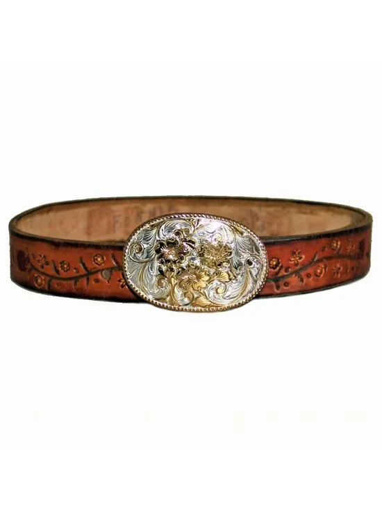 Leather Belt with Roses Butterflies Silver & Gold Buckle 
