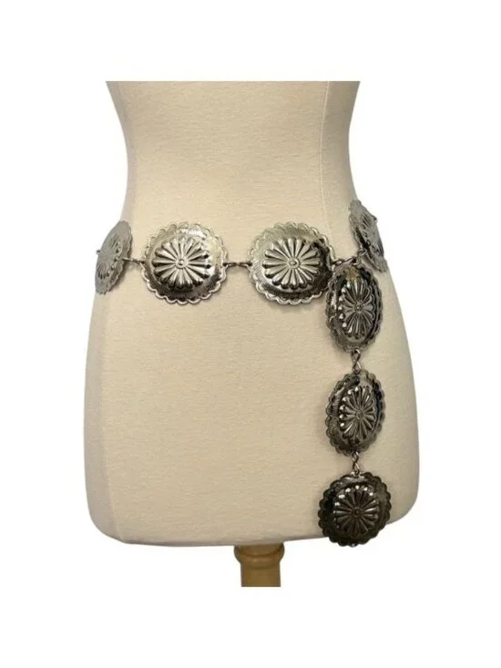 Women's Silver-Toned Concho Chain Belt Adjustable Southwestern Boho Western EUC