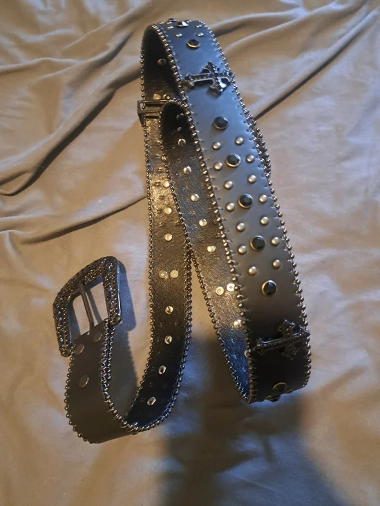 Black Studded Leather Belt with Decorative Buckle 48inch