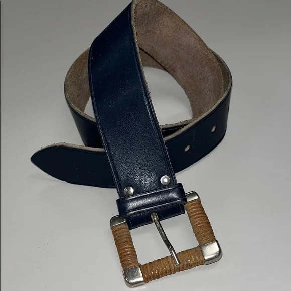 Echo Navy Leather Belt with Silver Tone & Tan Twine Buckle size small