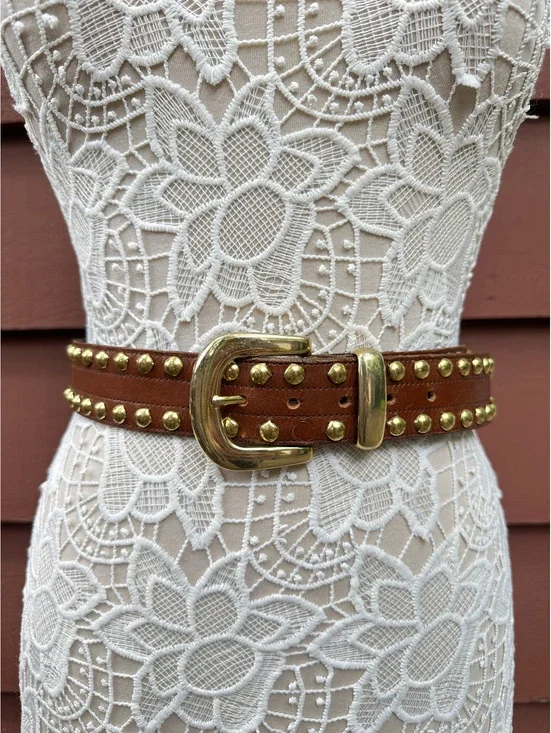 Vintage Inspired Brown Faux Leather Studded Belt with Gold Buckle