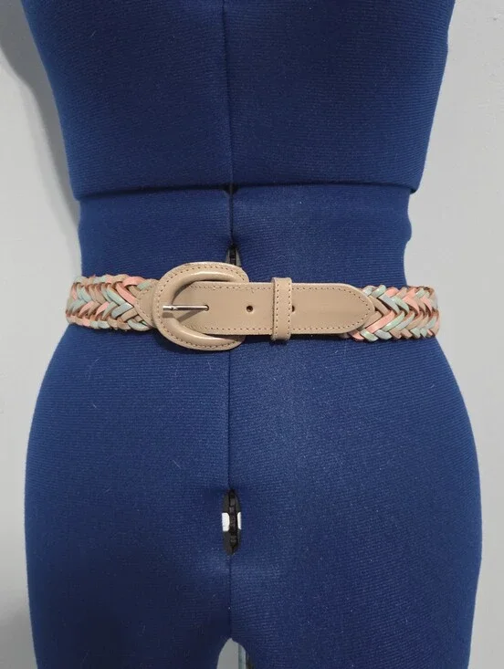 Vintage Pastel Color Braided Genuine Leather Belt Size M
