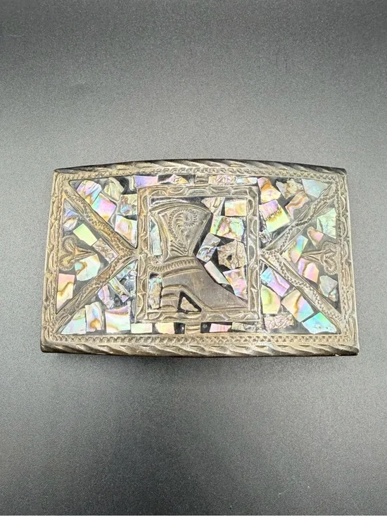 Vintage Sterling Silver Mexico Abalone Inlay Western Belt Buckle Boot Jewelry