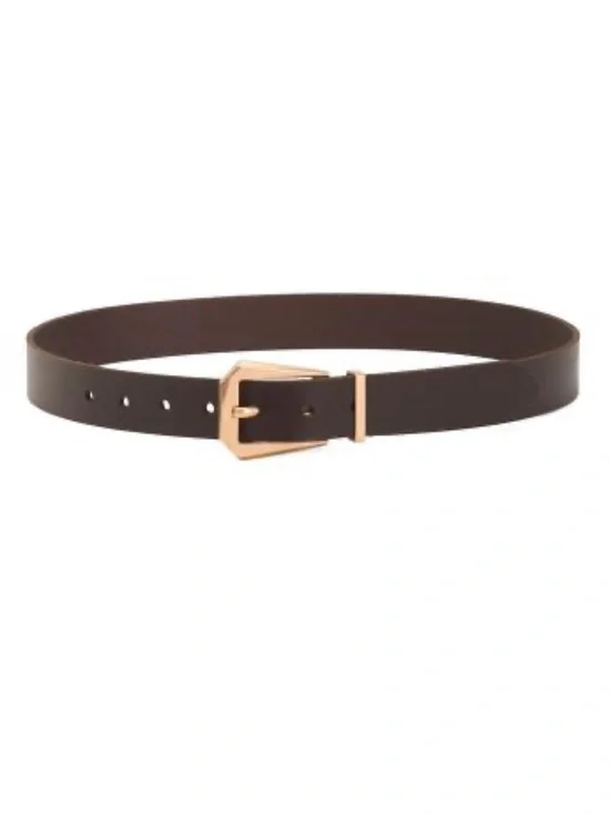 All Saints Western Dark Brown Leather Belt with Gold Hex Buckle