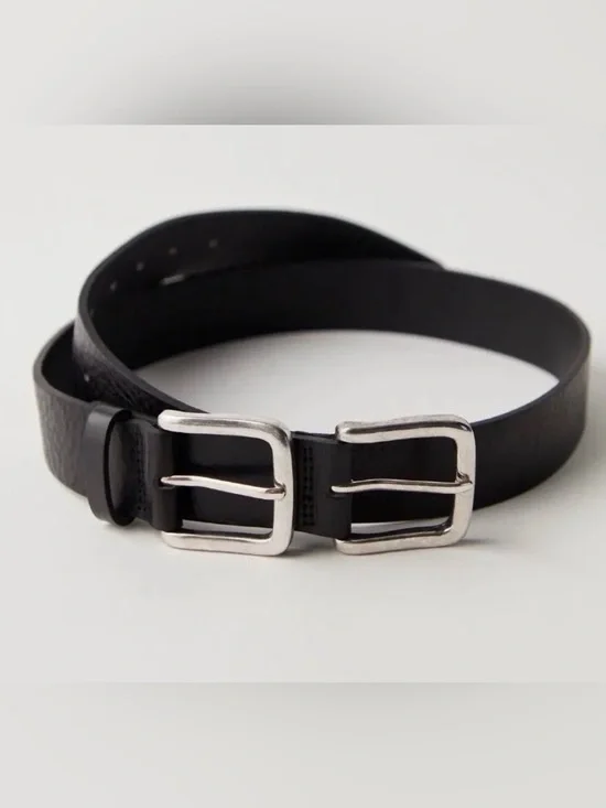 Free People Sabo Double Buckle Leather Belt in Black Size S/M NWT