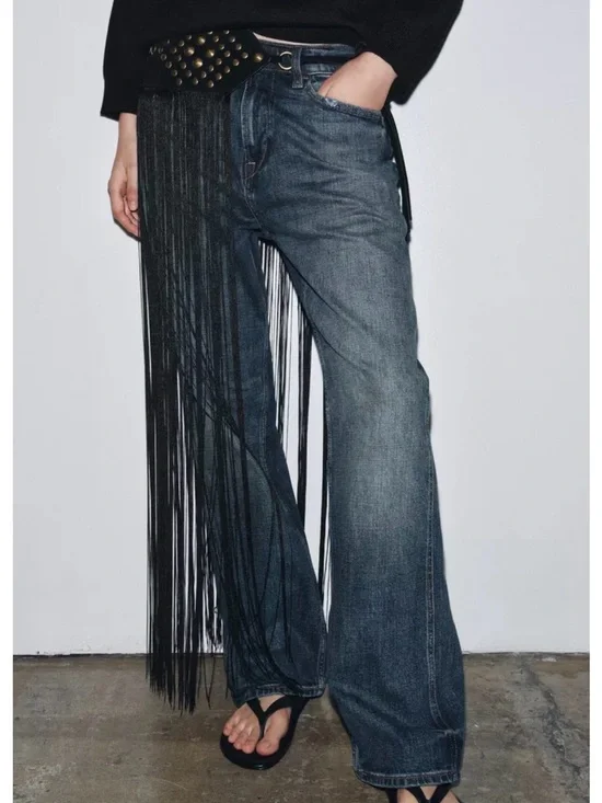 Zara 100% LEATHER WAIST BELT WITH STUDS AND FRINGES