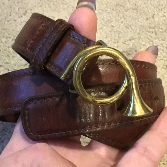 Trafalgar Vintage Brown leather Brass Bugle Buckle Belt Size 28 Small