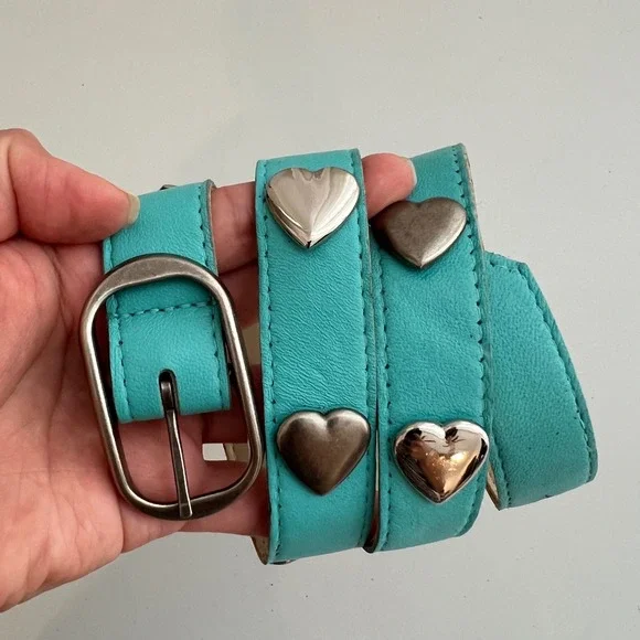 Vintage‎ Y2K Aqua Blue Faux Leather Heart Studded Belt Silver Buckle Turquoise
