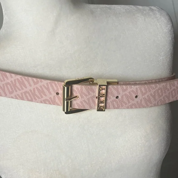 DKNY logo light pink leather belt with gold buckle EUC M/L