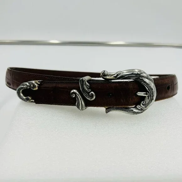Brighton Allegro Swirl Faux Croc Embossed Brown Leather Belt Silver Buckle Sz M