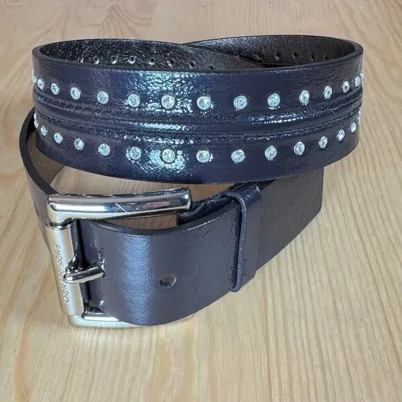Michael Kors Womens Belt Brown Patent Leather Studded Rhinestones Glam Y2K M 90s