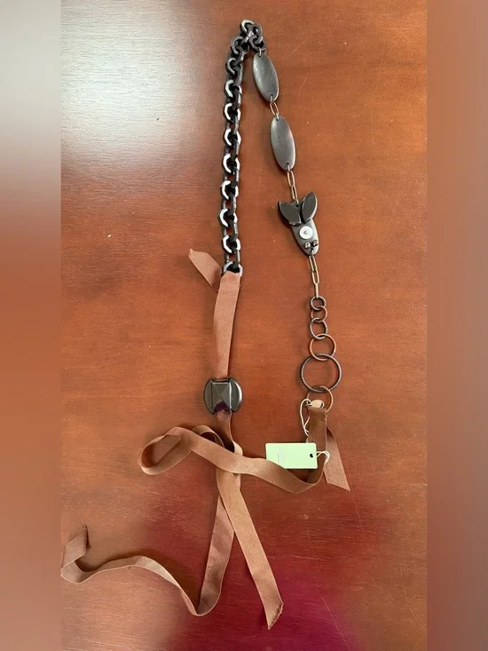 Women’s Brown Ribbon Belt with Dark Metal Chain Accents