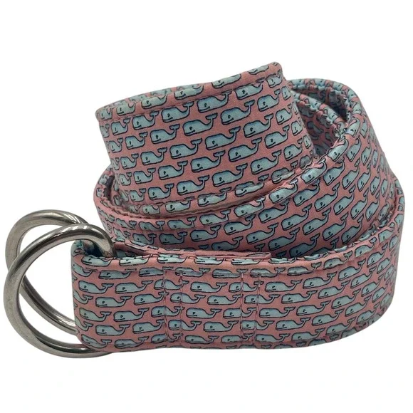 Vineyard Vines Whale‎ Print Pink Fabric Belt Women's Size M Double Ring
