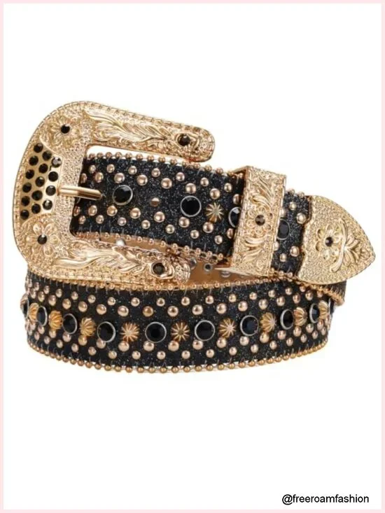 Premium Leather Rhinestone Belt with Detachable Buckle, Western Cowgirl Bling
