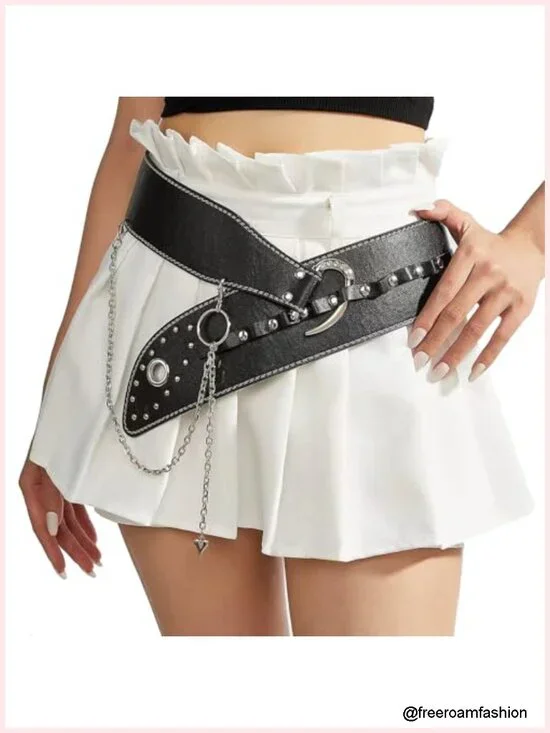 Wide PU Leather Belt with Rhinestone Studs and Interlocking Buckle
