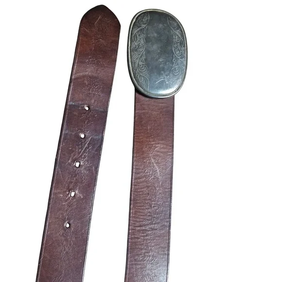 Abercrombie & Fitch Floral Embossed Leather Belt Silver Oval Buckle S Western