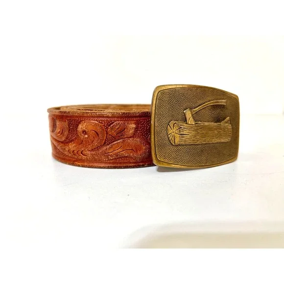Tool Craft Top Grain Cowhide Leather Carved Tooled Belt Size 40‎ Brass Buckle