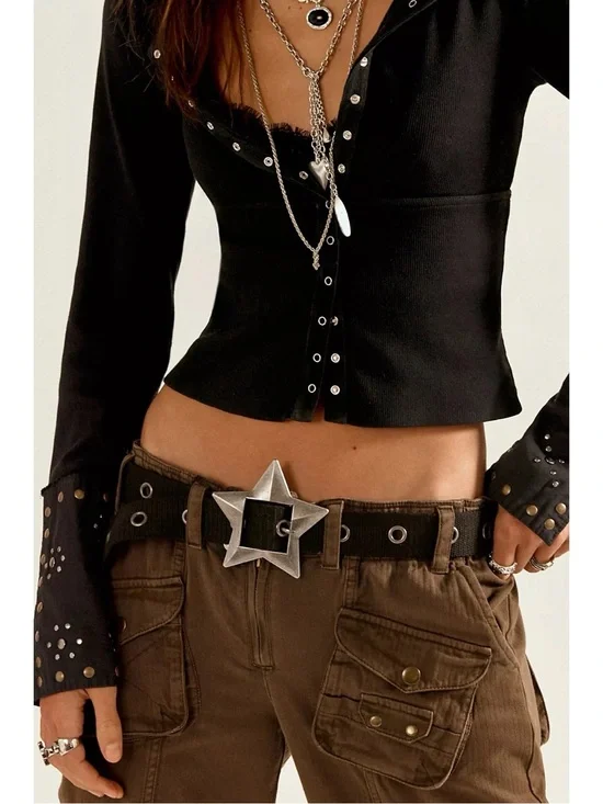 Free People Bohemian Grunge 90s Zoa Star Buckle Hip Belt Black Medium Large NWT