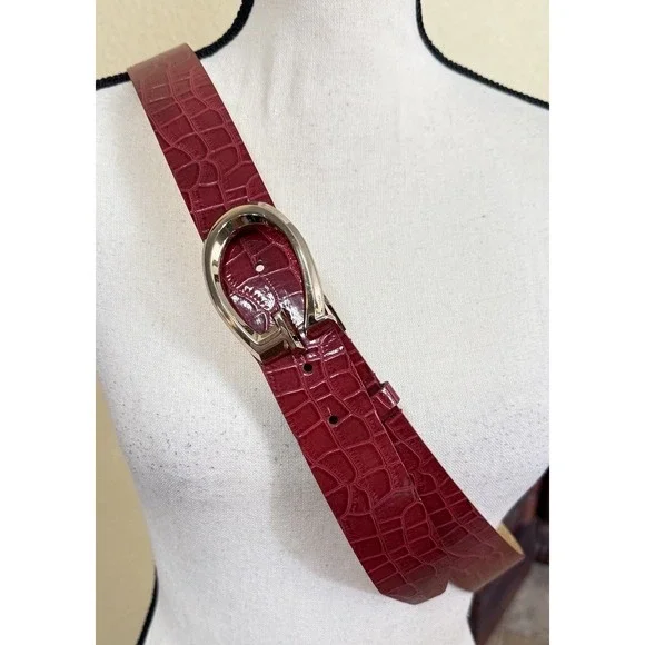 Guess Red‎ Faux Croc Print Gold G Logo Womens Belt
