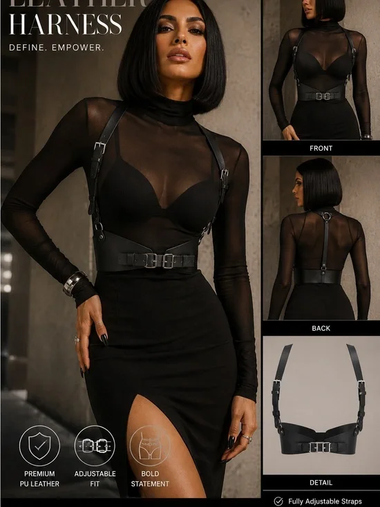 Vegan Leather Harness Belt Chest Harness in Black