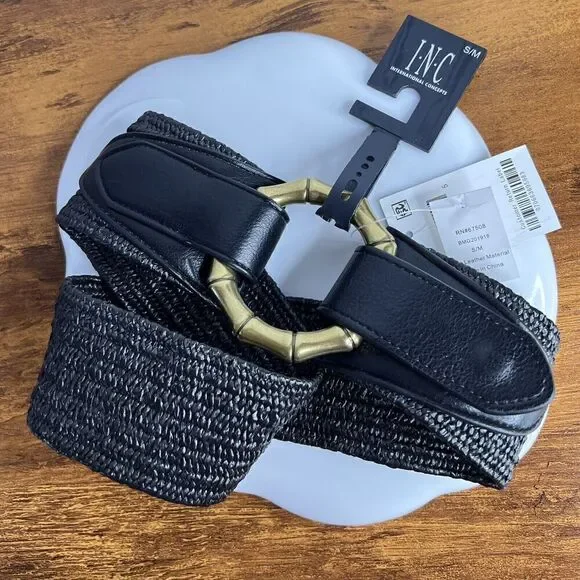INC Sz S-M Stretch Black Woven Womens Belt Gold Tone Bambo Buckle Boho NICE