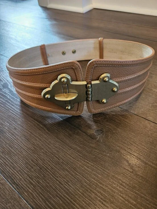 BCBGMAXAZRIA Genuine Leather Wide Waist Belt Tan Gold Turn Lock Size S