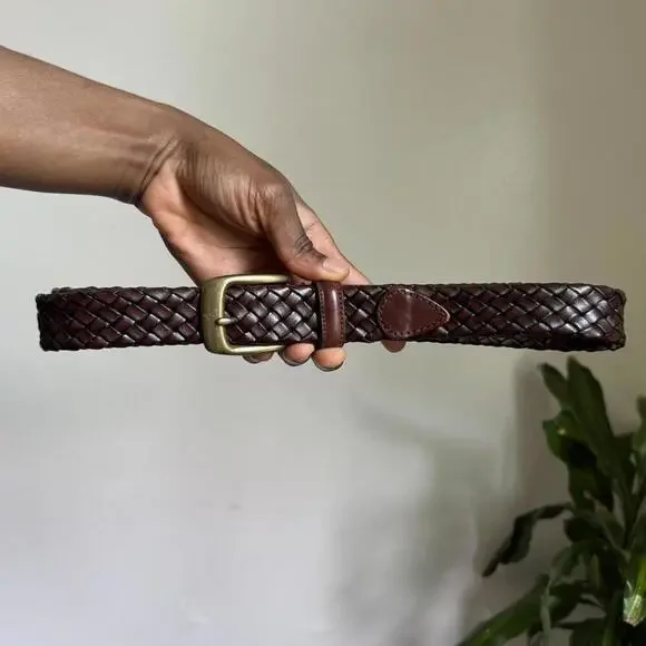 Vintage Brown breaded genuine leather‎ belt with gold buckle size 44