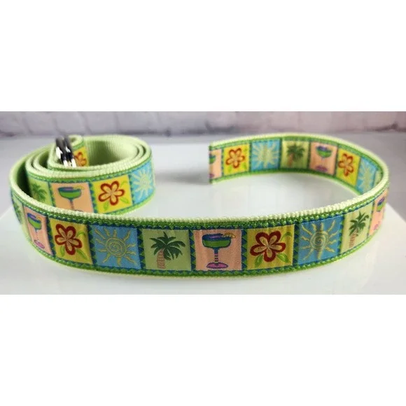 New! Women's Douglas Paquette Size L Tropical Fabric On Canvas D-Ring Belt Beach