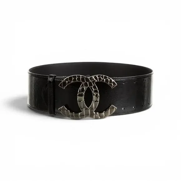 Chanel Black Patent Leather Silver-tone Interlocking CC Logo Wide Belt 70/28