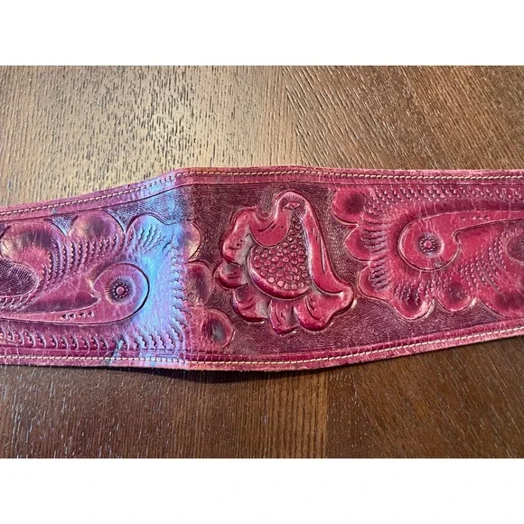 Gaitan Tooled Leather Belt Women 33.5 Burgundy Fair Vintage Floral Wide Western