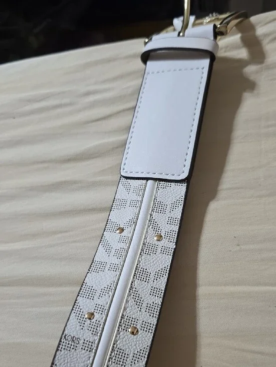 MICHAEL Michael Kors White Leather Belt with Gold-Tone Buckle