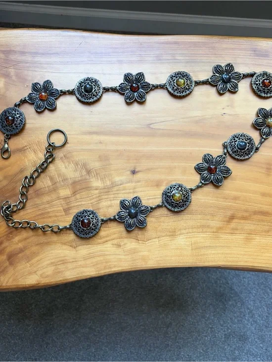 Floral Filigree Link Belt with Colored Stones