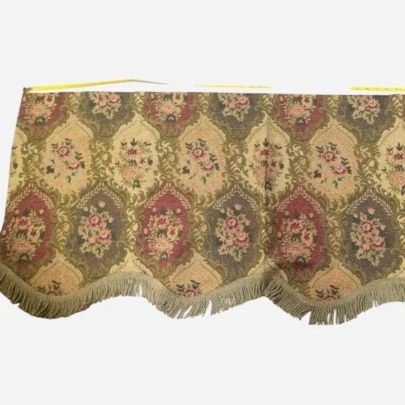 Vintage Floral Valance With Fringe Featuring A Repeating Floral & Damask Design