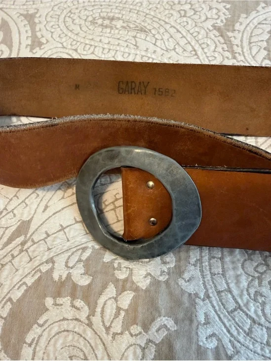 Vintage Garay Leather Belt with Hammered Silver Buckle