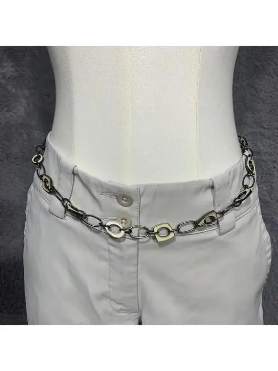 Vintage Silver Tone Chain Belt with Cream Enamel Accents, Adjustable Link Chain