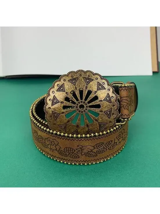 Y2k style American Western Belt Buckle vintage style floral gold beaded boho bro