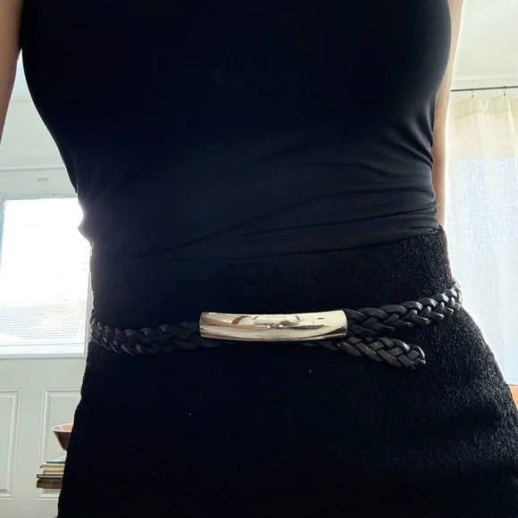 Chico’s Braided Black Leather Belt with Silver Tone Buckle