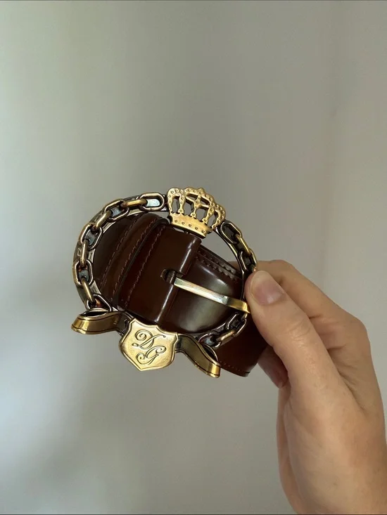 Dolce & Gabbana Brown Leather Belt with Gold Chain Emblem