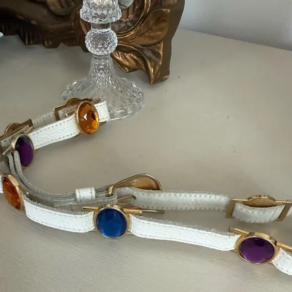 Vintage White Leather Gem-Accent Women's Belt