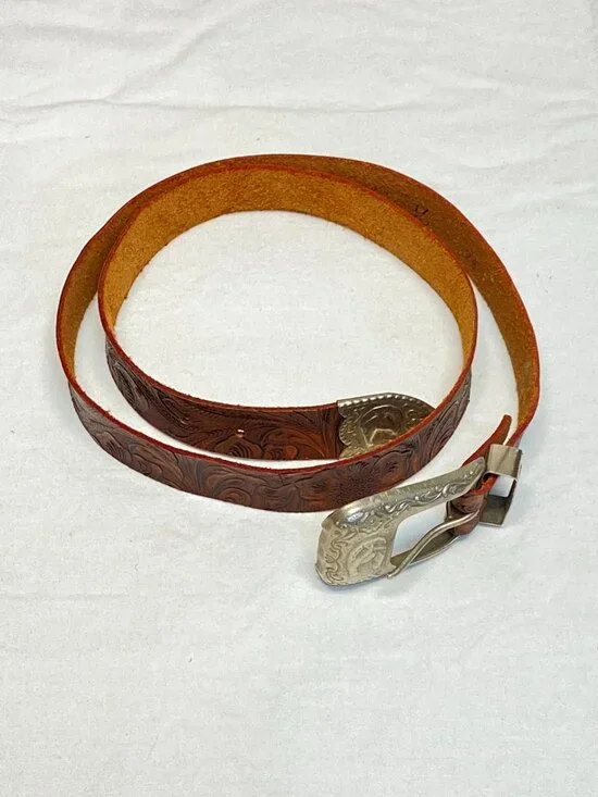 C&ck Tooled Leather Ornate Silver Tone Buckle Narrow Belt Brown Cowgirl Western