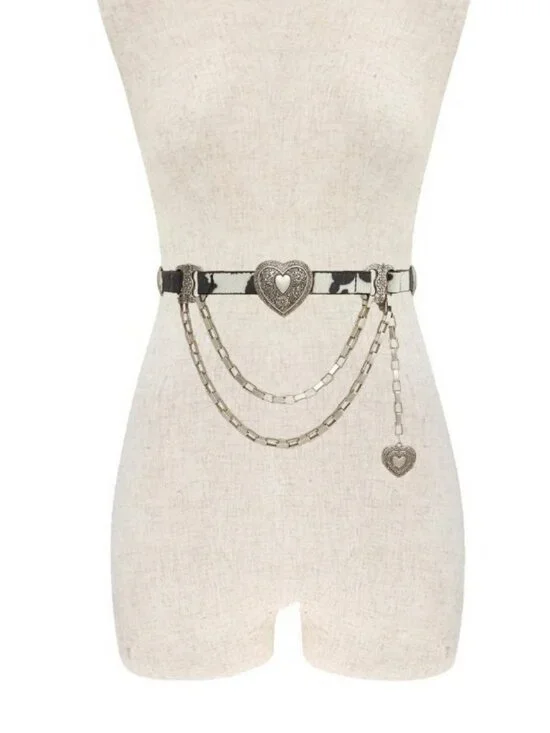 Haute Hippie Cowhide Hair On Belt Heart Chain Western One Size NWT