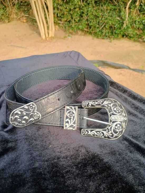 Black Embossed Leather Belt with Decorative Silver Buckle