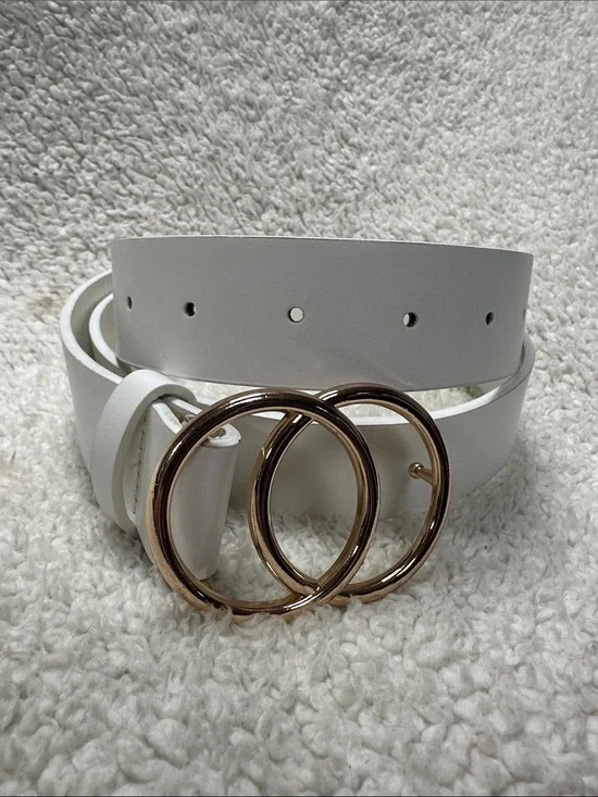 White Faux Leather Belt with Gold Double Ring Buckle NWOT