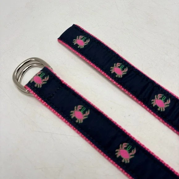 Leather Man USA Crab D Ring Ribbon Belt Pink Navy Preppy Needlepoint Medium