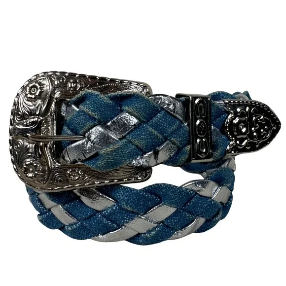 Western Braided Denim‎ Silver Metallic Belt Buckle Blue Coastal boho festival