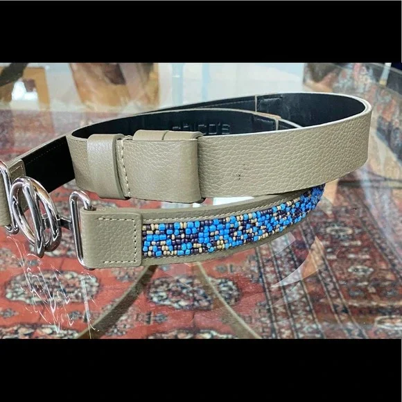 Chico's Blue Bead Faux‎ Leather Adjustable Length Belt Silver Buckle